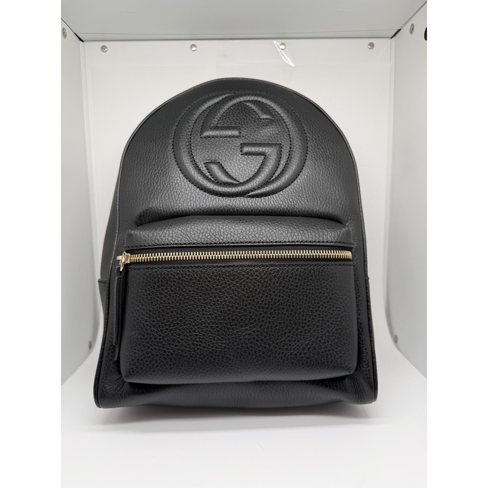 GUCCI Soho Black Pebble Leather Backpack Gold Chain Shoulder Backpack Authentic